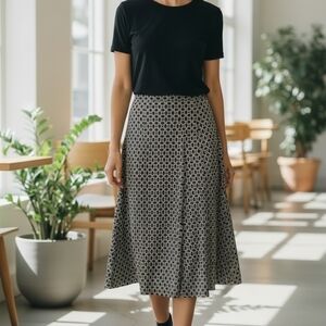 Anne Klein - Black & White Flared Skirt W/ Geometric Pattern, Elastic Waist,